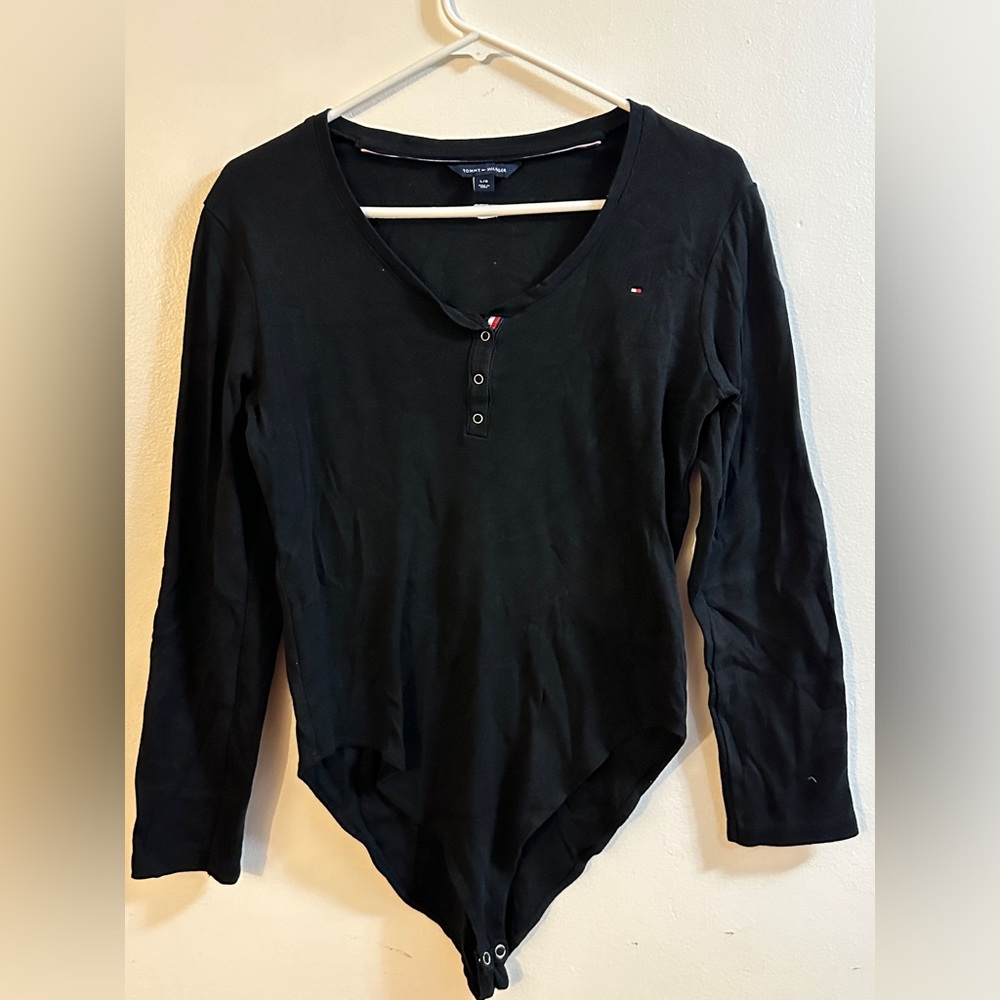 Tommy Hilfiger black Cotton Long Sleeve Bodysuit V Neck Large
